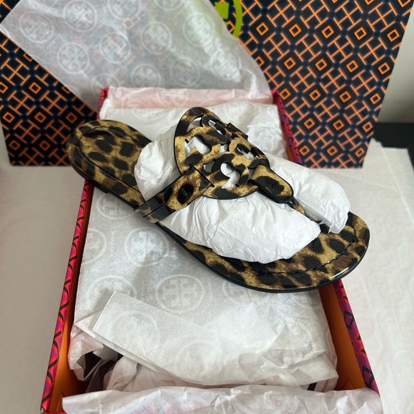 Tory Burch Miller Printed Patent Sandal Natural Leopard Size 5 Tan Brown Black - Picture 1 of 9